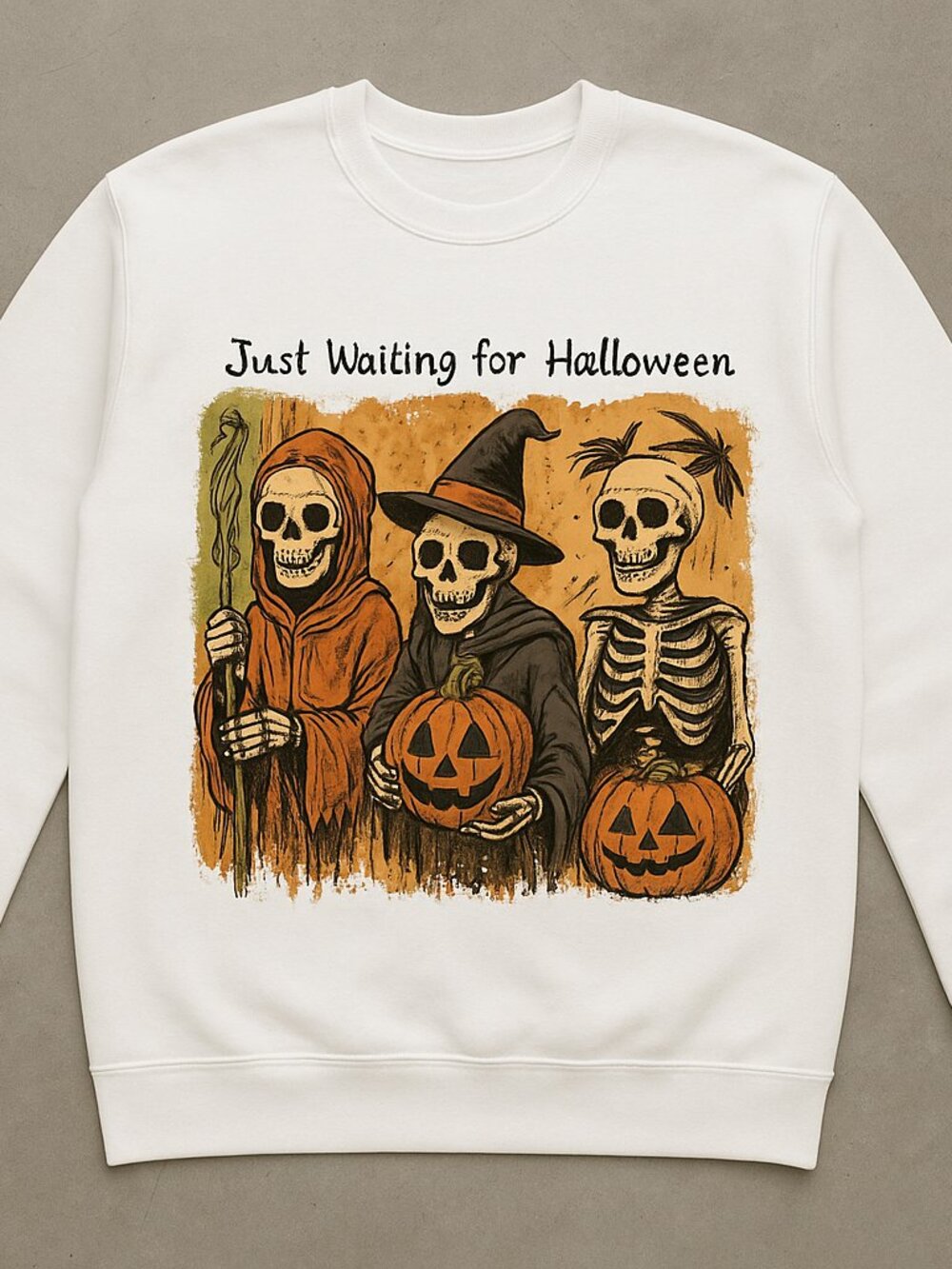 Just Waiting for Halloween Skeleton Crewneck Sweatshirt, Spooky Pumpkin Witch